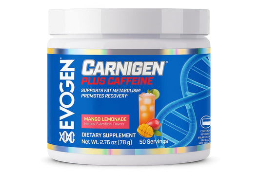 Evogen Carnigen Plus Caffeine tub in mango lemonade flavor for energy support.