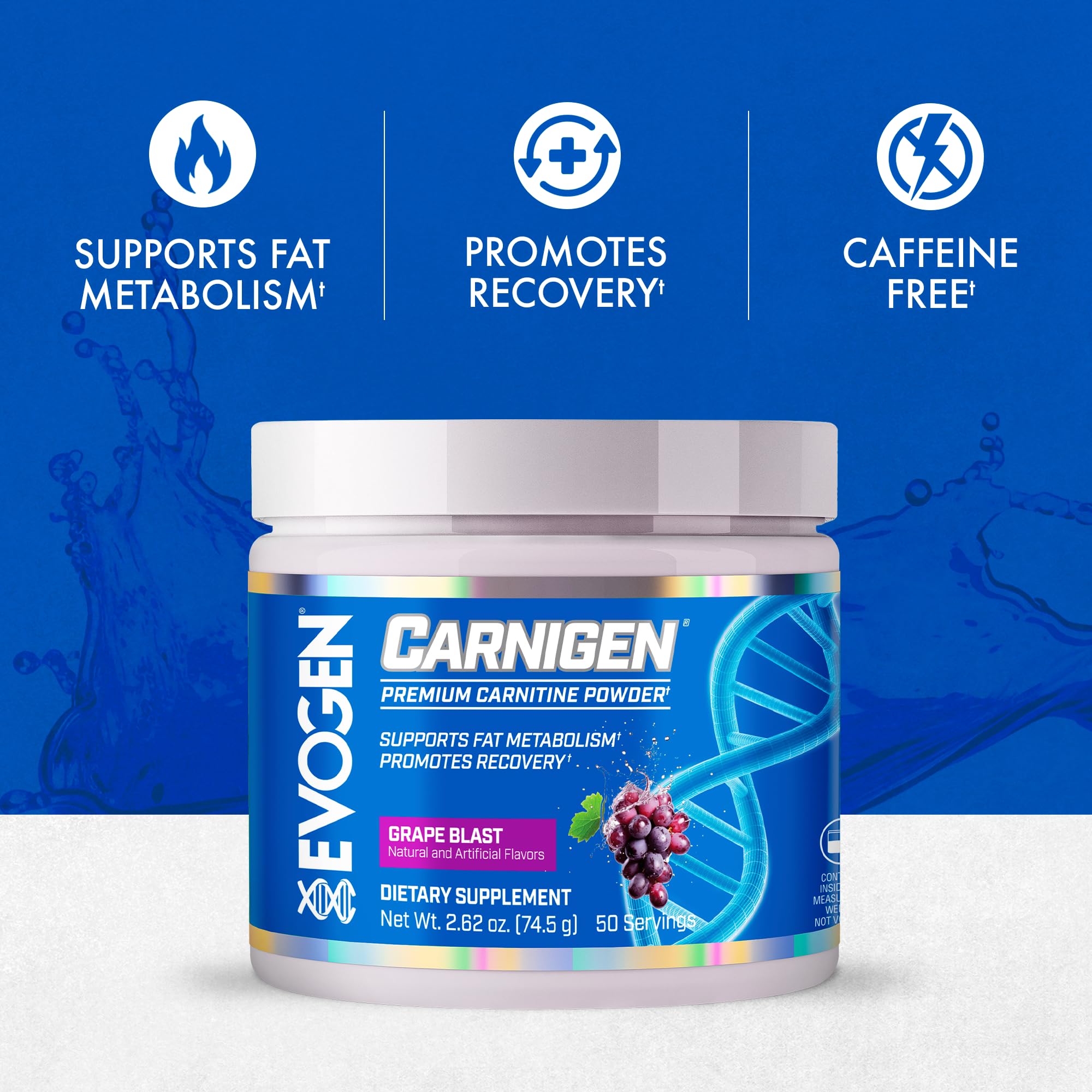Evogen Carnigen powder with scoop shows convenient daily dosing for energy and recovery.
