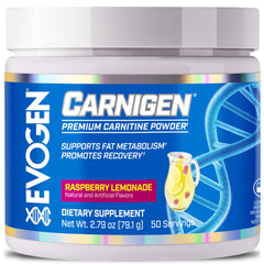 Evogen Carnigen raspberry lemonade bottle highlights stimulant-free fat metabolism support.