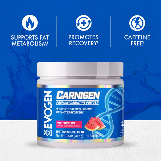 Evogen Carnigen glass with pour showing quick mix for energy and recovery after training.