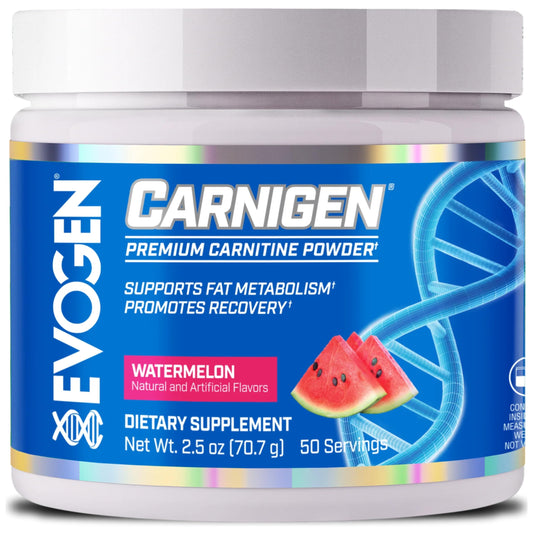 Evogen Carnigen watermelon bottle highlighting stimulant-free fat metabolism support for workouts.