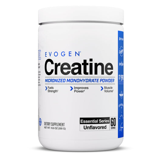 Evogen Creatine Monohydrate powder jar supports easy mixing during workouts.