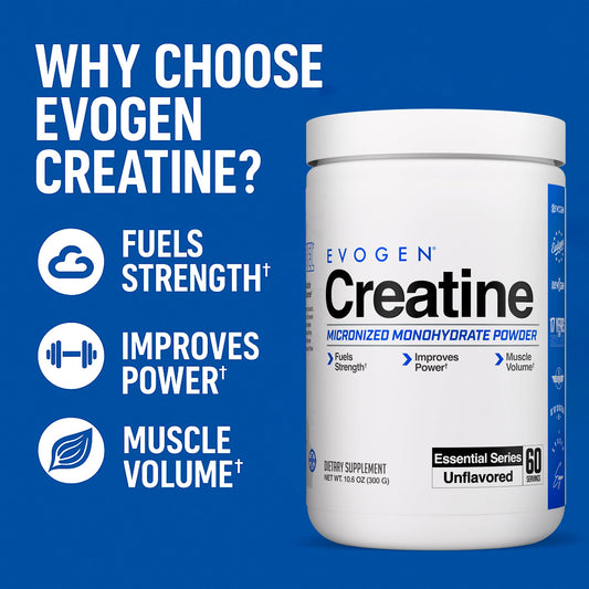 Evogen Creatine Monohydrate scoop provides precise dosing for strength training.
