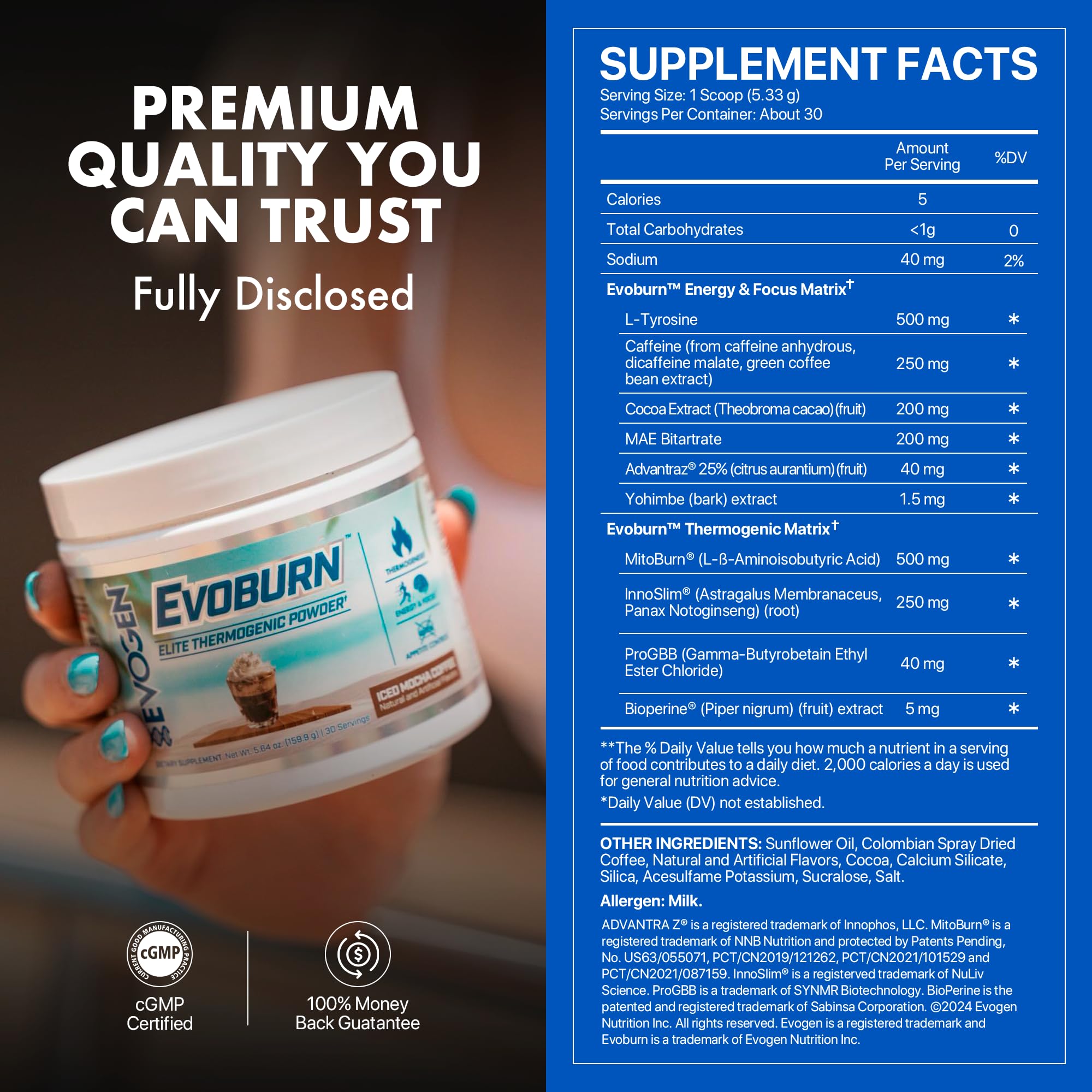 Evogen Evoburn caffeine energy blend boosts focus during training.
