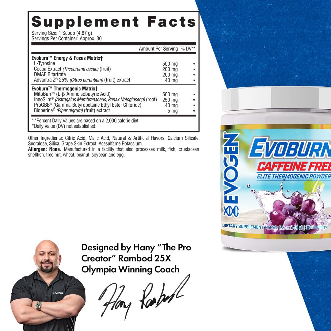 Evogen Evoburn caffeine-free grape blast label highlights key ingredients.