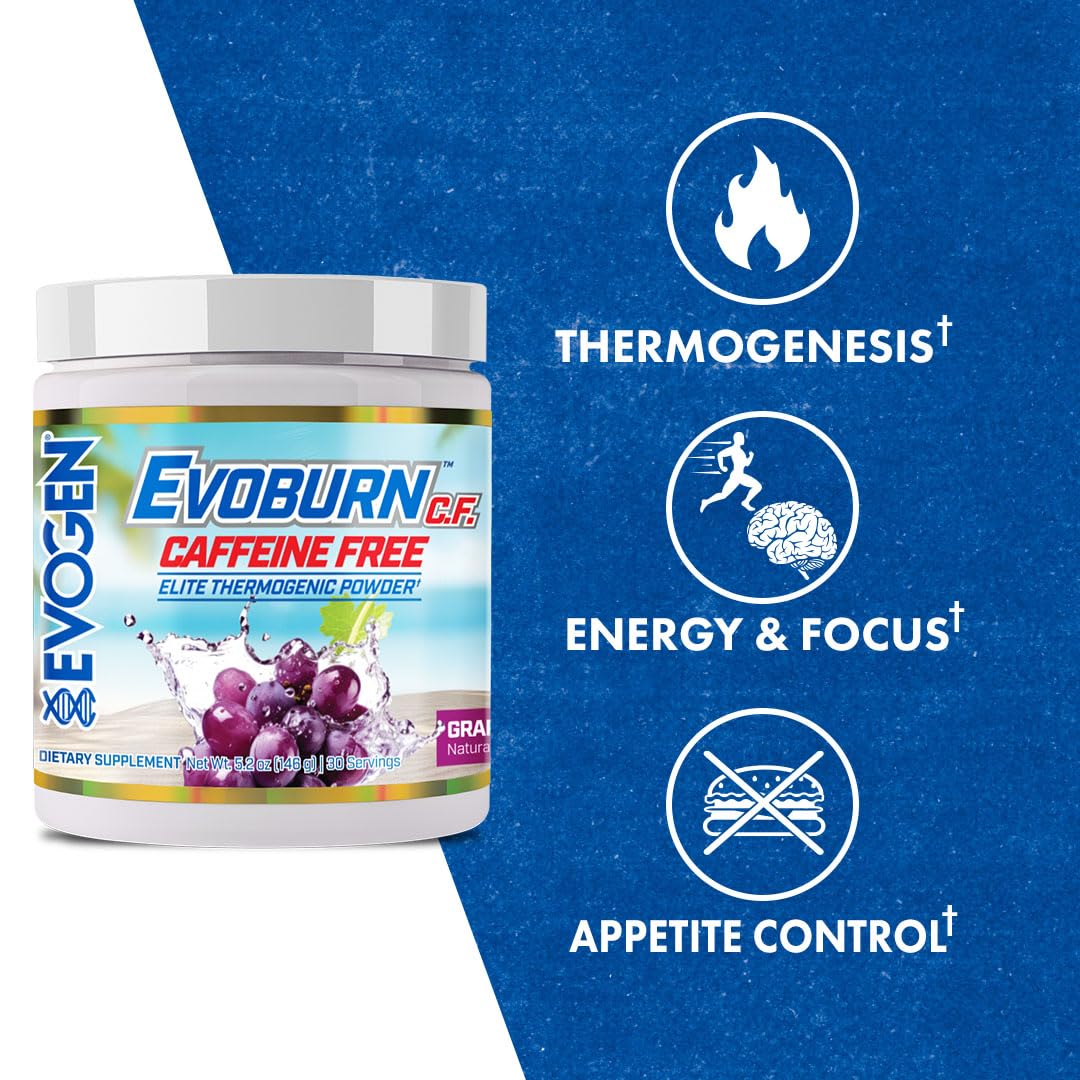 Evogen Evoburn caffeine-free grape blast scoop for easy mixing.