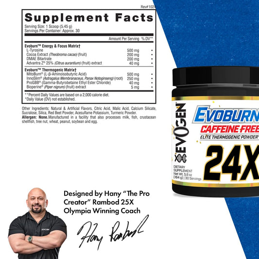 Evogen Evoburn Caffeine Free label emphasizing clean branding and formulation