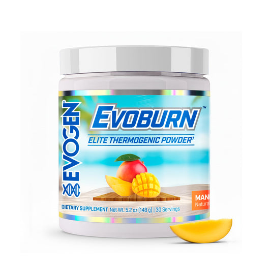 Evogen Evoburn Mango bottle on gym bench for sustained energy.