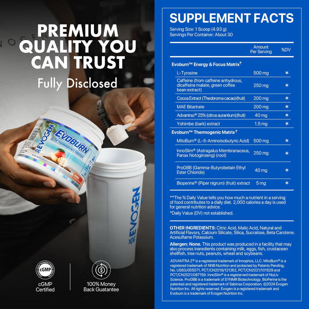 Evogen Evoburn Mango package featuring MitoBurn and caffeine.
