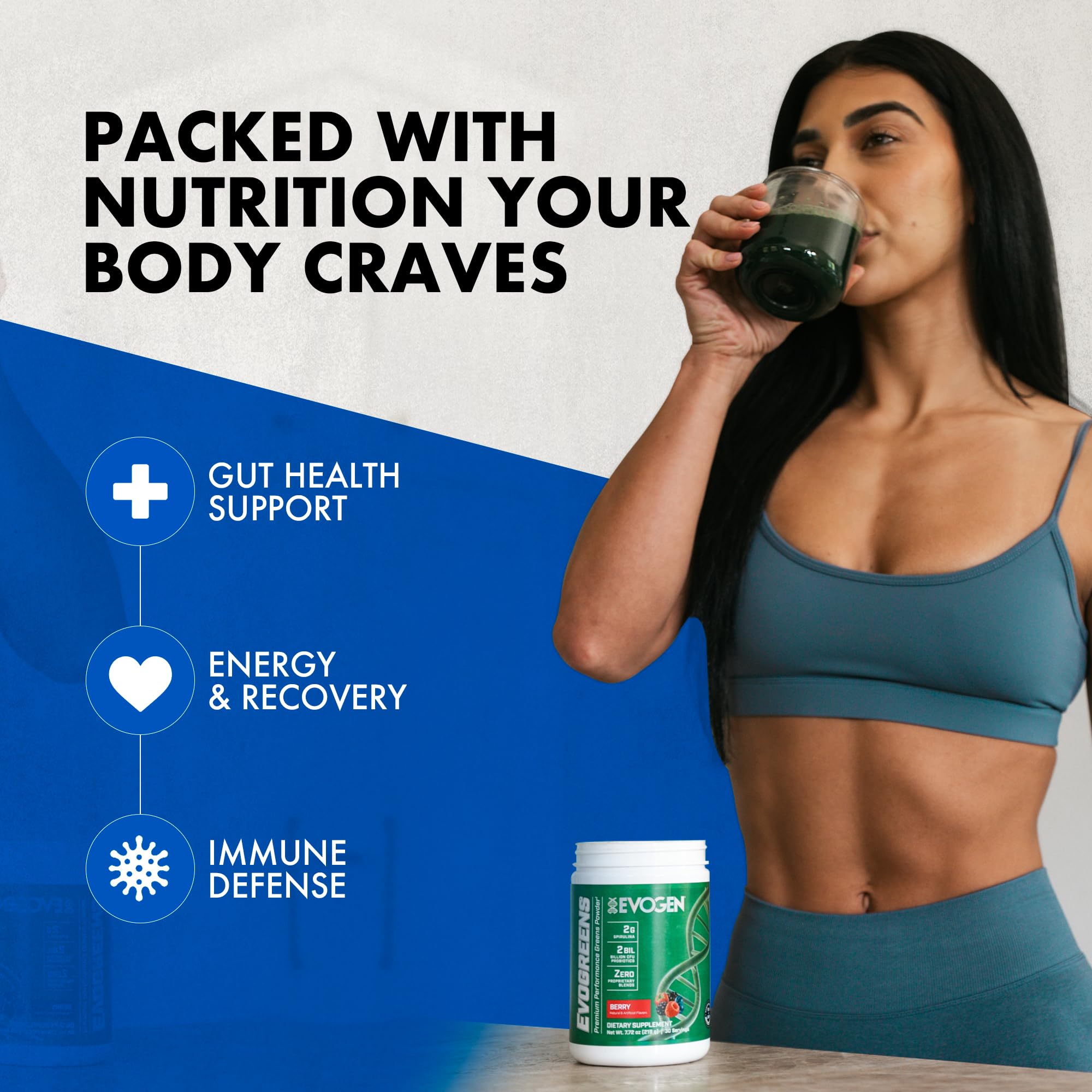 Evogen Evogreens berry bottle back with ingredients and usage tips for daily wellness