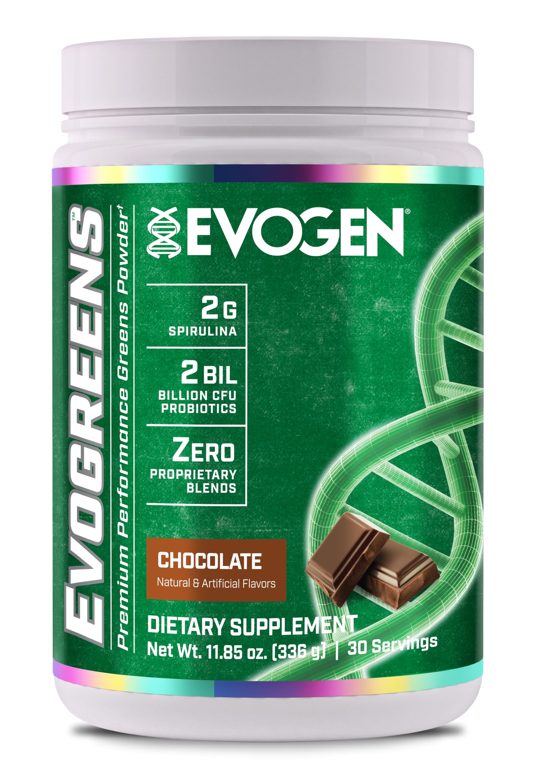 Evogen Evogreens bottle front view, premium greens formula for daily nutrition