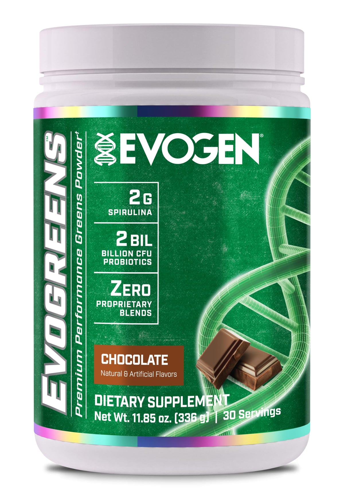 Evogen Evogreens bottle front view, premium greens formula for daily nutrition