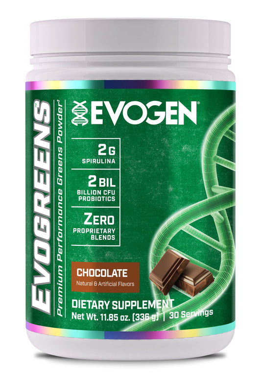 Evogen Evogreens bottle front view, premium greens formula for daily nutrition