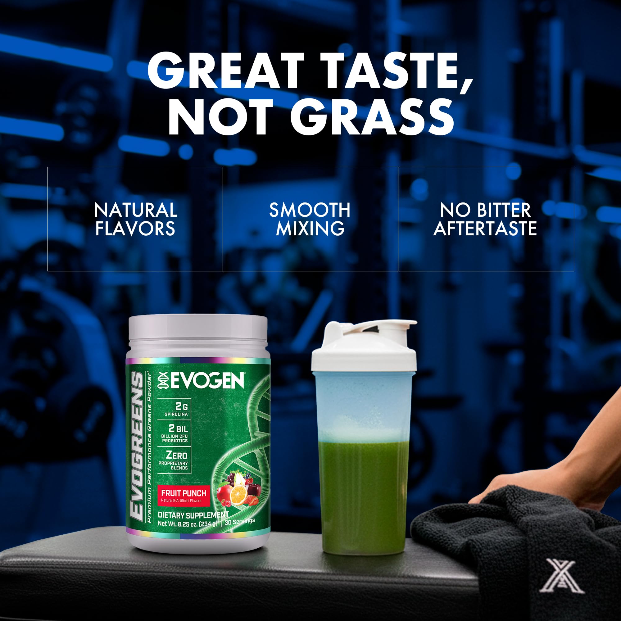 Evogen Evogreens container front, high-quality greens for active lifestyles.