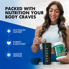 Evogen Evogreens label details, organic spirulina and probiotic benefits highlighted.