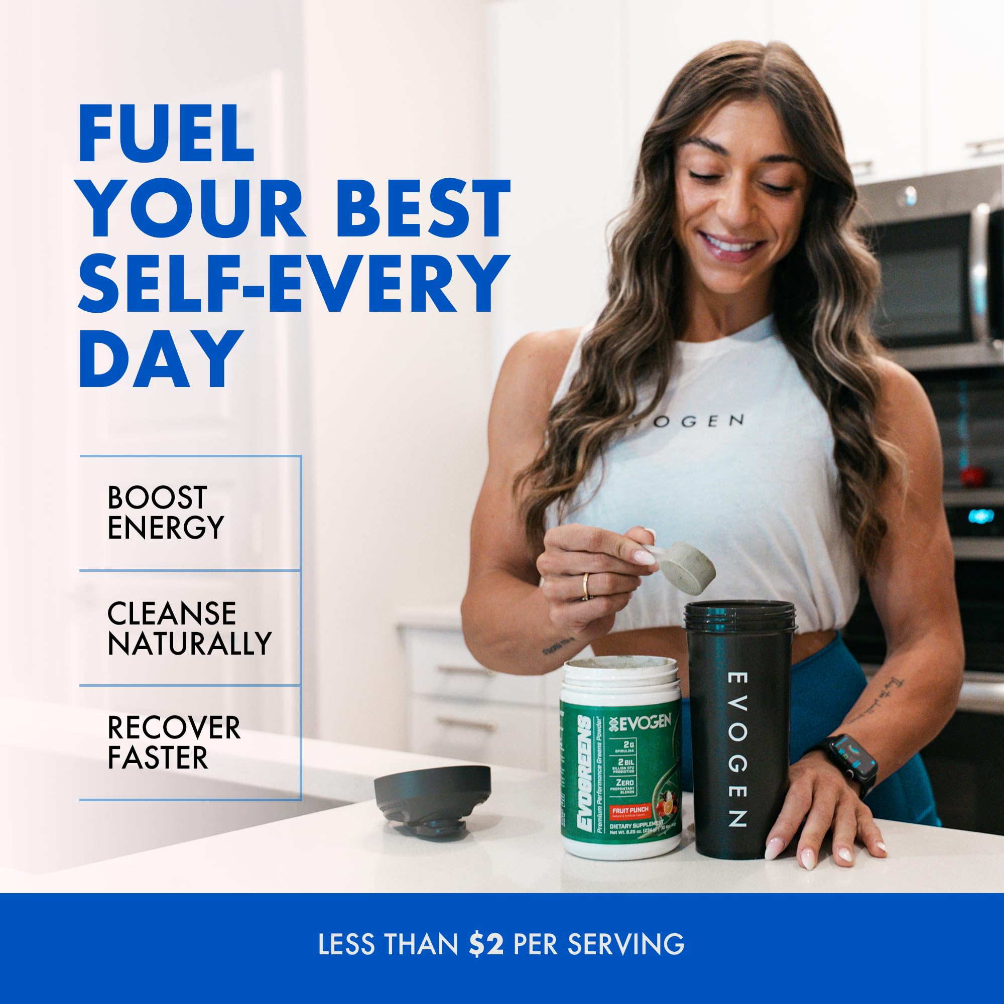 Evogen Evogreens lifestyle usage, pre- or post-workout greens ritual.