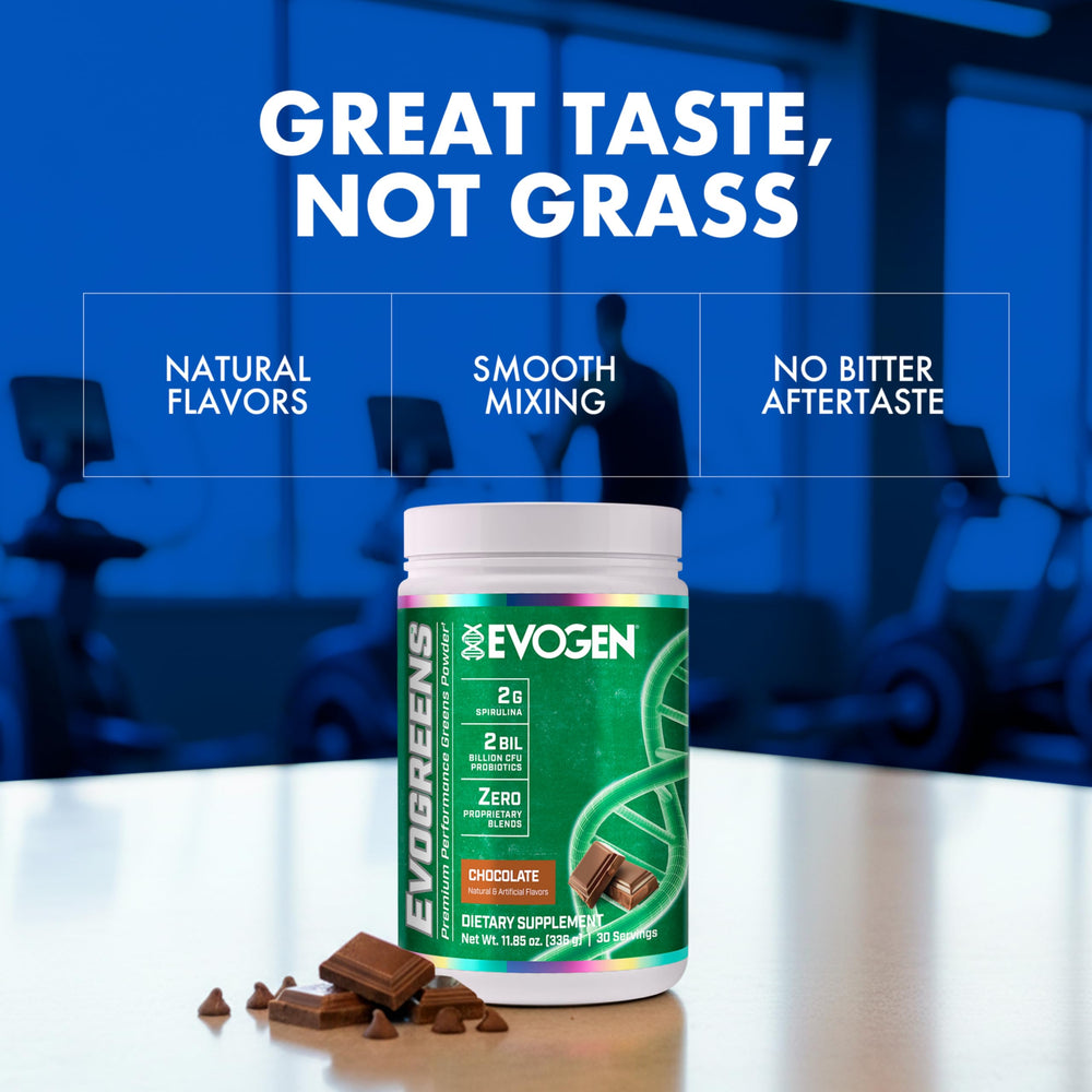 Scoop of Evogen Evogreens powder resting on surface, convenient daily serving