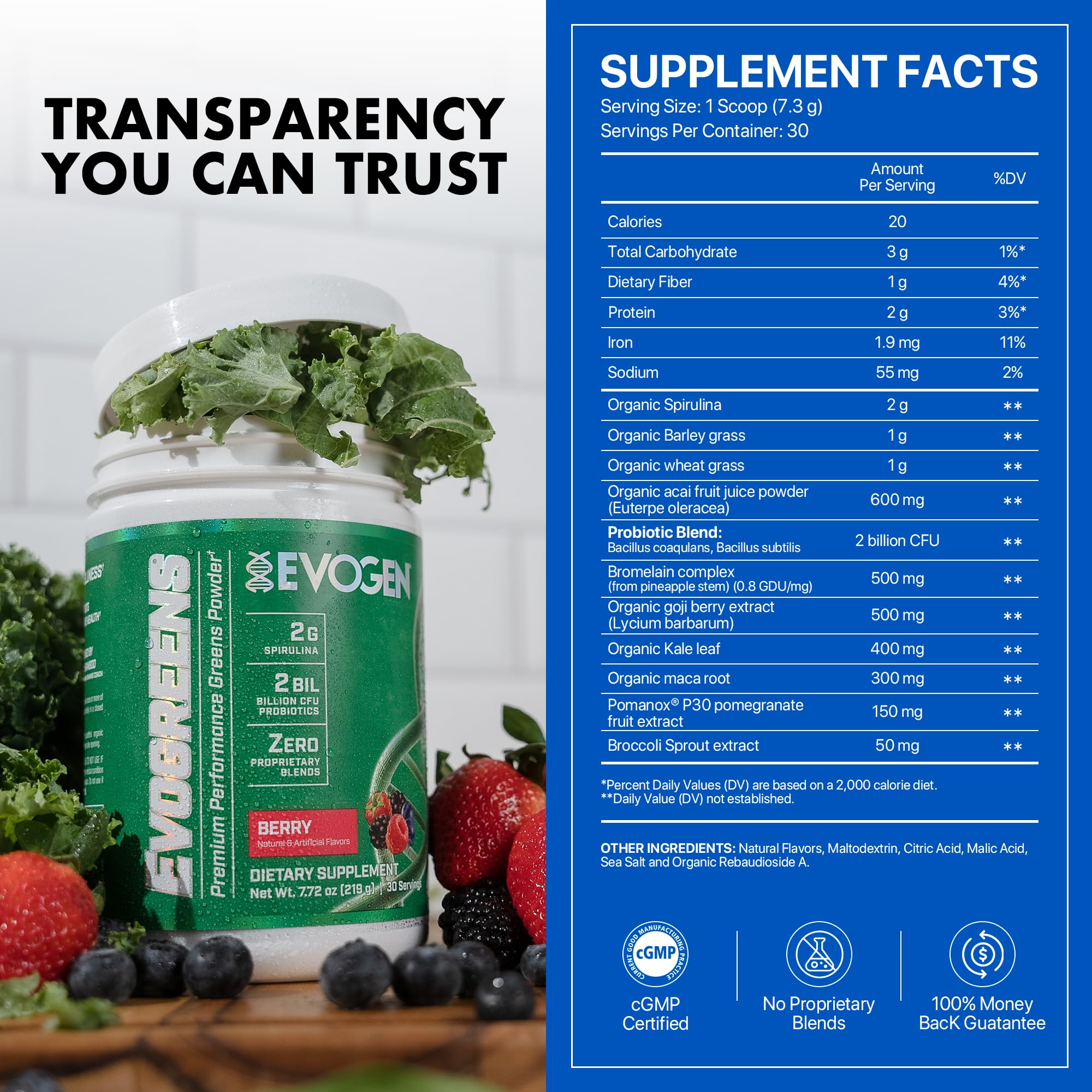 Evogen Evogreens spirulina powder pack showing nutrient dense greens