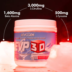 Evogen EVP 3D mixing glass scene conveys fast, sugar-free pre-workout preparation