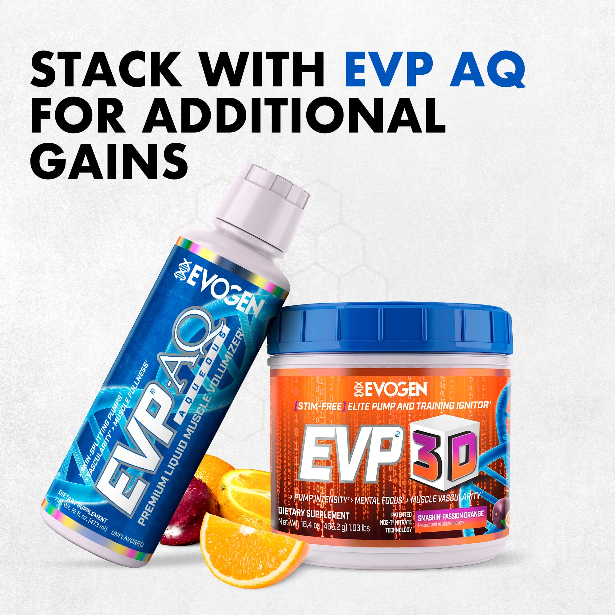 Evogen EVP 3D orange label closeup shows key ingredients.