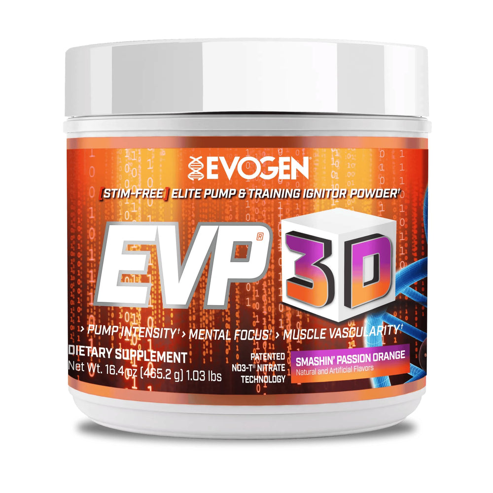 Evogen EVP 3D orange tub front shows bottle for on-the-go training boosts.