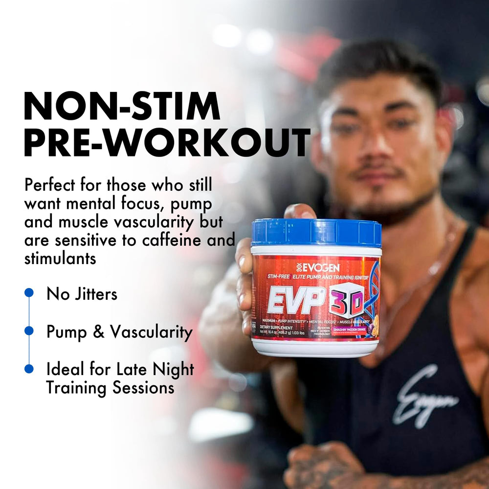 Evogen EVP 3D orange tub open reveals sugar-free powder for workouts.
