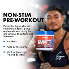 Evogen EVP 3D orange tub open reveals sugar-free powder for workouts.