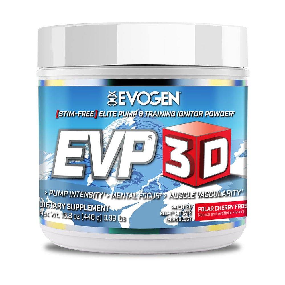 Evogen EVP 3D Polar Cherry Frost bottle pour, showcasing a stimulant-free pre-workout option