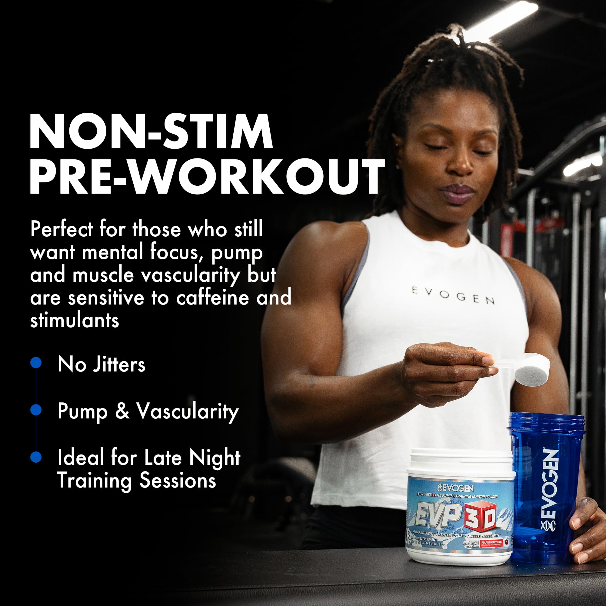 Evogen EVP 3D scoop dispensing demonstrates quick, convenient pre-workout use