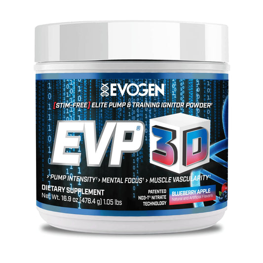 Evogen EVP 3D tub front view highlighting stimulant-free pre-workout.