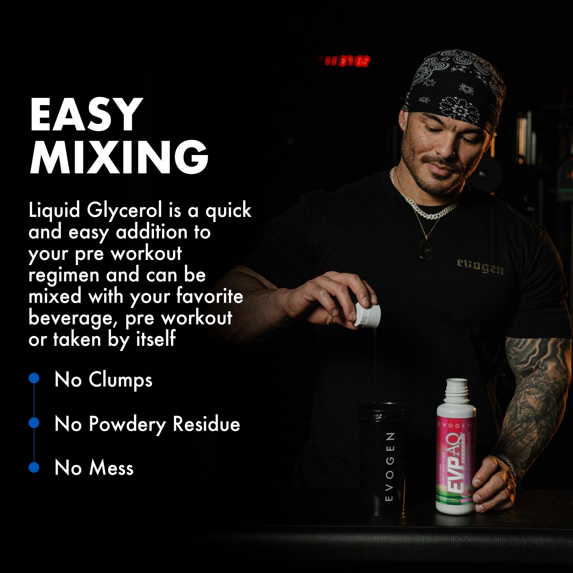 Front label of Evogen EVP AQ bottle emphasizes a clean, low-stim pre-workout.