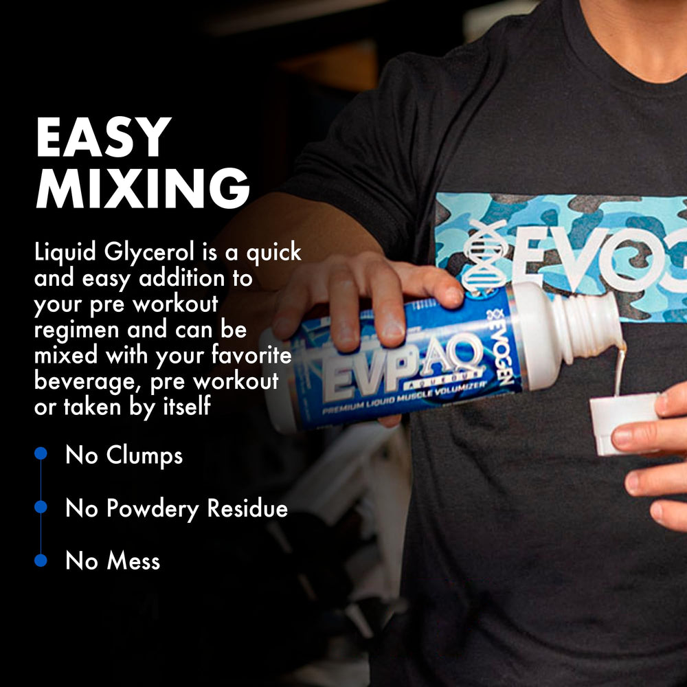 Evogen EVP AQ bottle label detail, showcasing clean-energy formulation for late-night training.