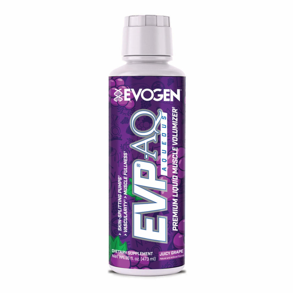 Evogen EVP AQ liquid bottle close-up for hydration and pump support during workouts.