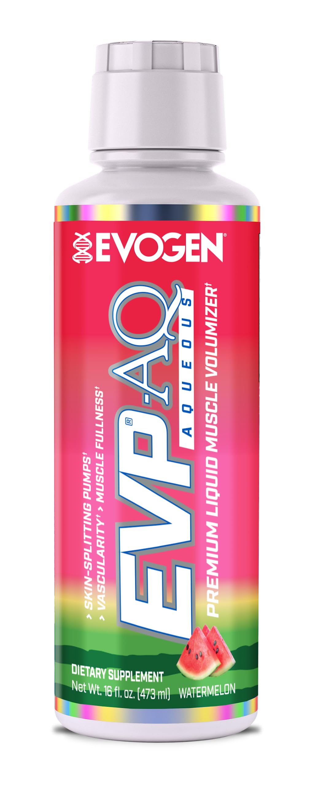 Evogen EVP AQ watermelon bottle being poured for steady hydration and pumps.