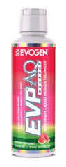 Evogen EVP AQ watermelon bottle being poured for steady hydration and pumps.