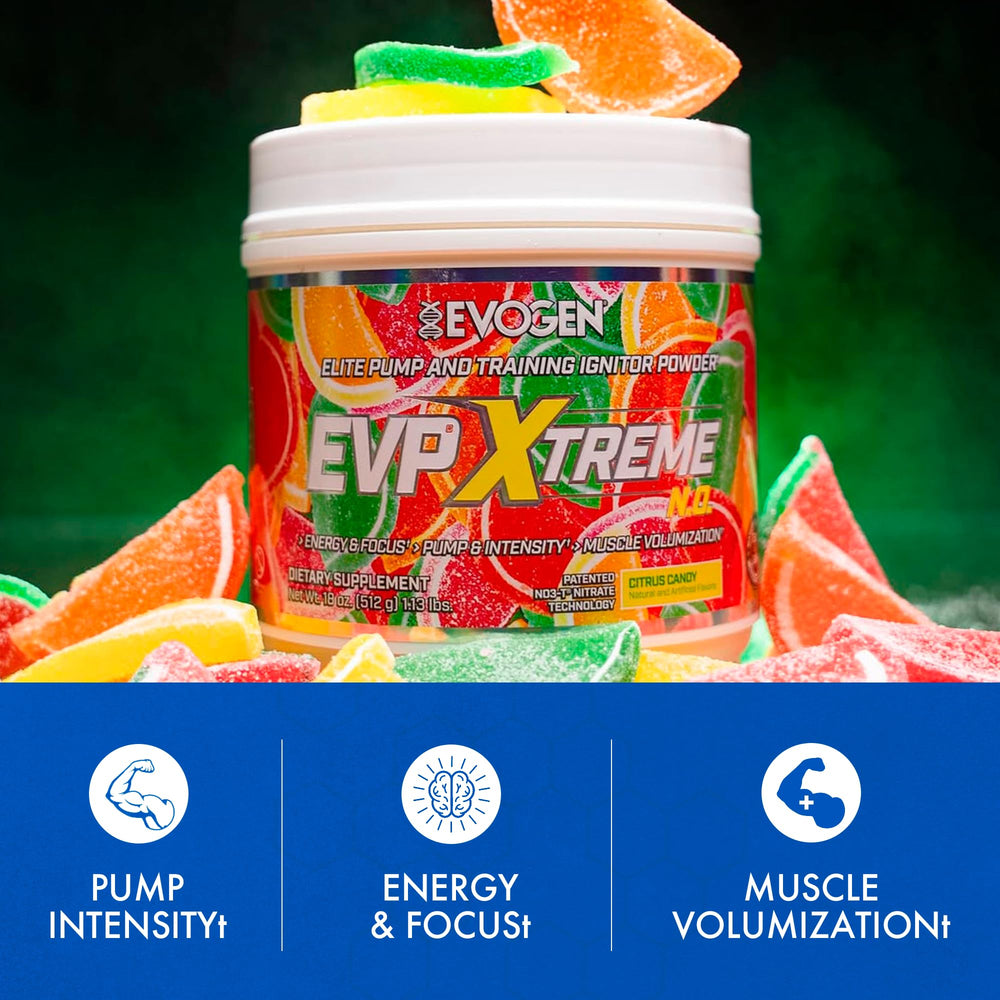 Evogen EVP Xtreme NO jar emphasizes creatine and coconut water for hydration.