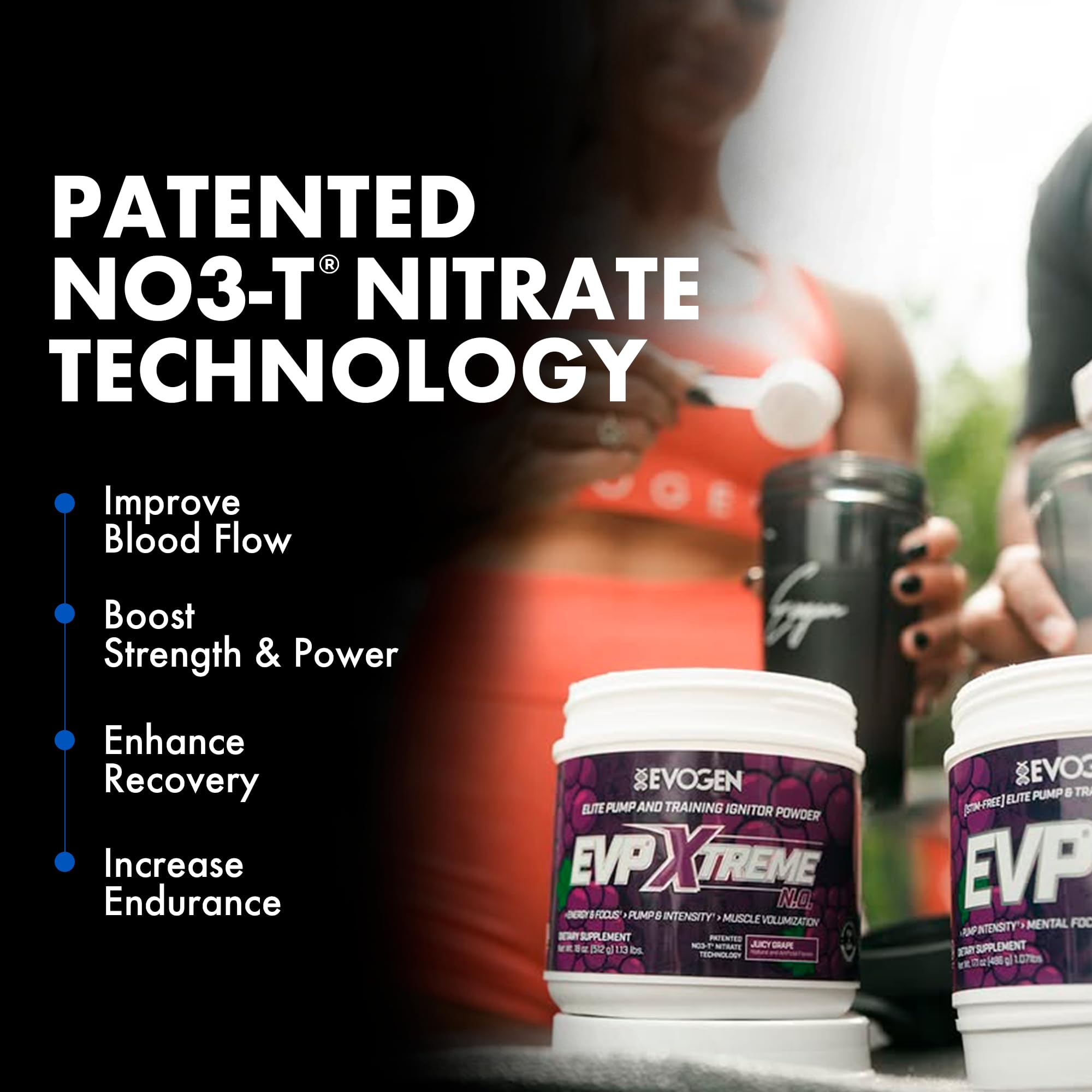 Closeup of Evogen EVP Xtreme NO label highlighting a sugar-free energy option.