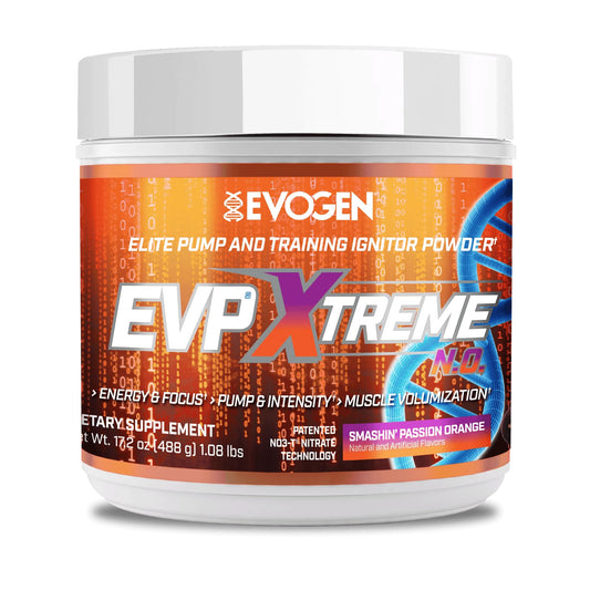 Evogen EVP Xtreme NO bottle with Smashin' Passion Orange for an energy boost during workouts
