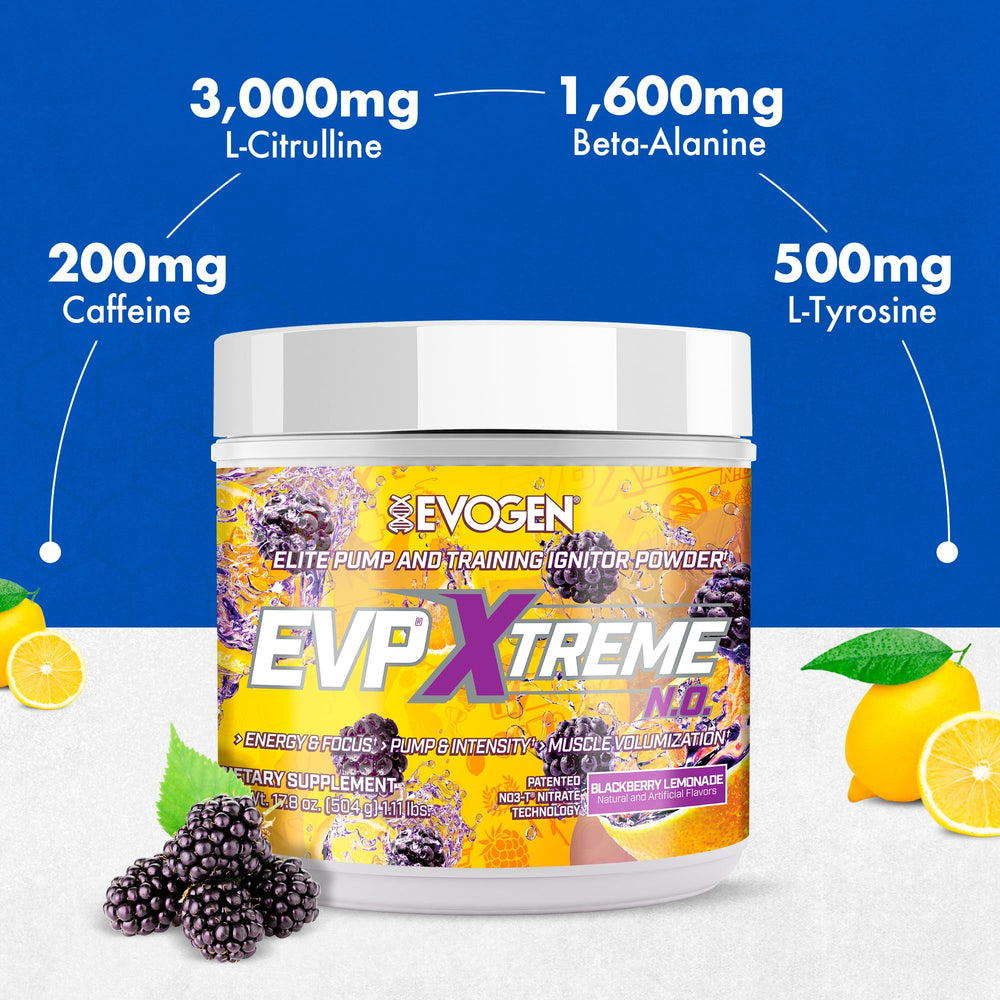 Caffeine-boosted Evogen EVP Xtreme NO powder for energized, focused workouts