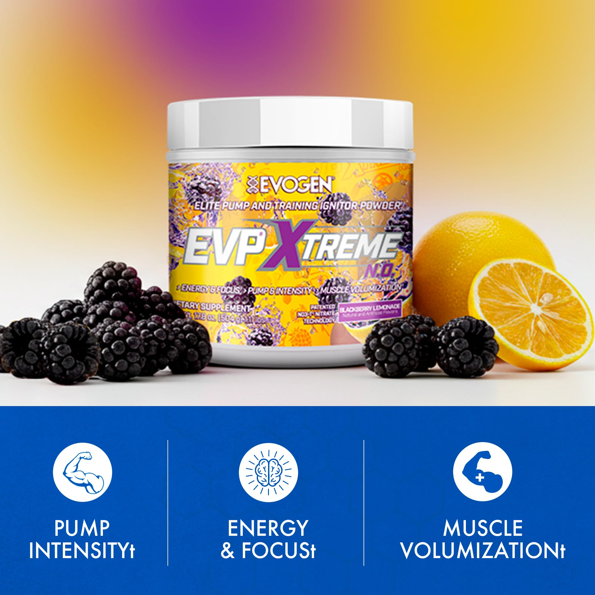 Evogen EVP Xtreme NO jar illustrating creatine and hydration-enhancing ingredients
