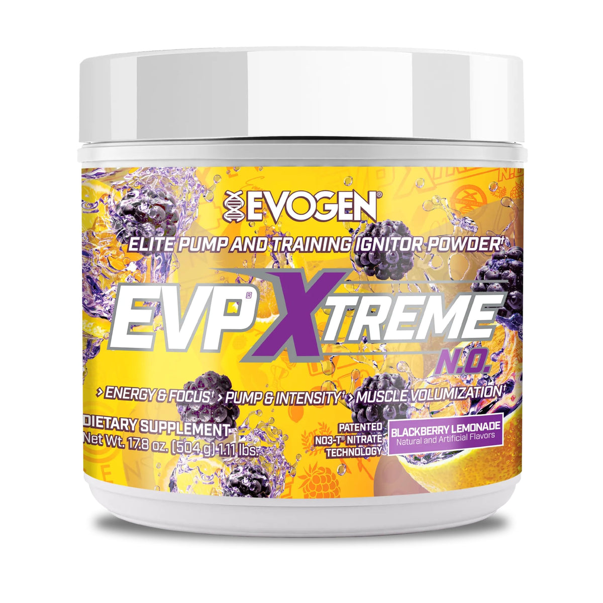Evogen EVP Xtreme NO bottle showing pump-focused formula for intense workouts
