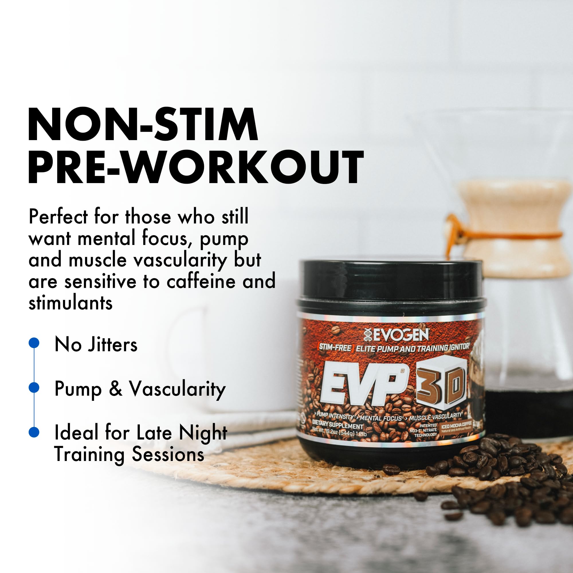 Evogen EVP 3D iced mocha mixed drink suggesting clean energy and focus.