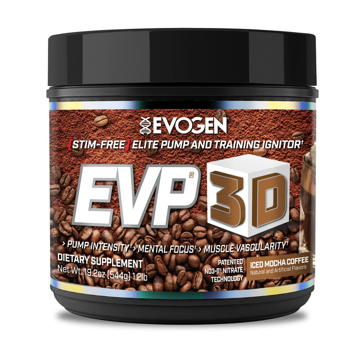 Evogen EVP 3D tub front in iced mocha flavor, stimulant-free pre-workout option.