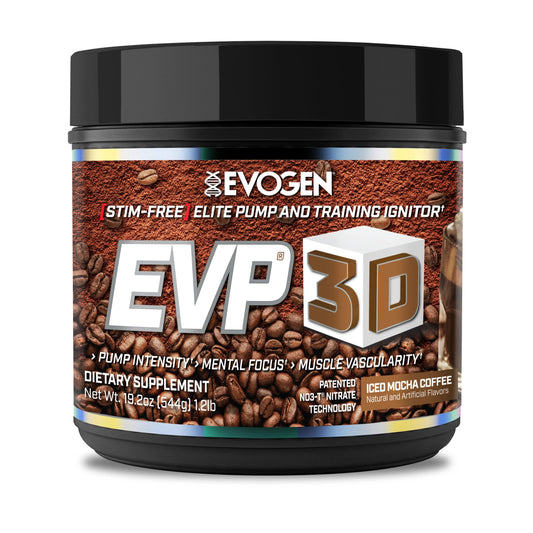 Evogen EVP 3D tub front in iced mocha flavor, stimulant-free pre-workout option.