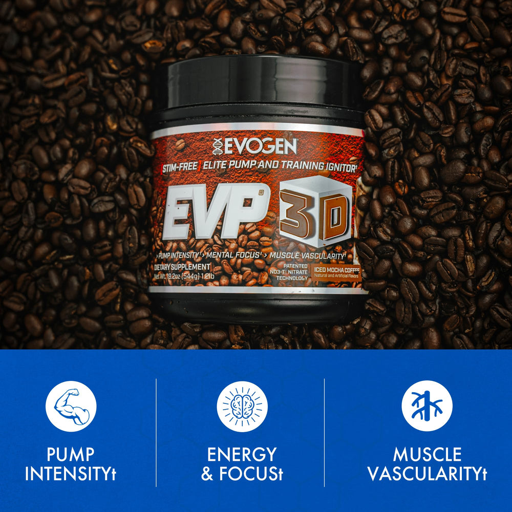 Close-up of Evogen EVP 3D label highlighting NO3-T and citrulline.