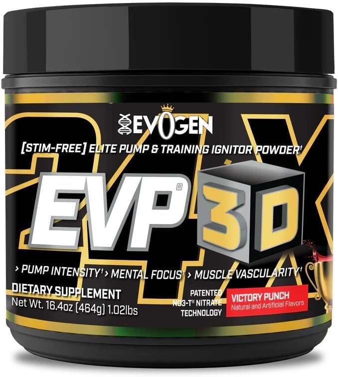 Evogen EVP3D scoop and serving for a clean, pump-focused pre workout.