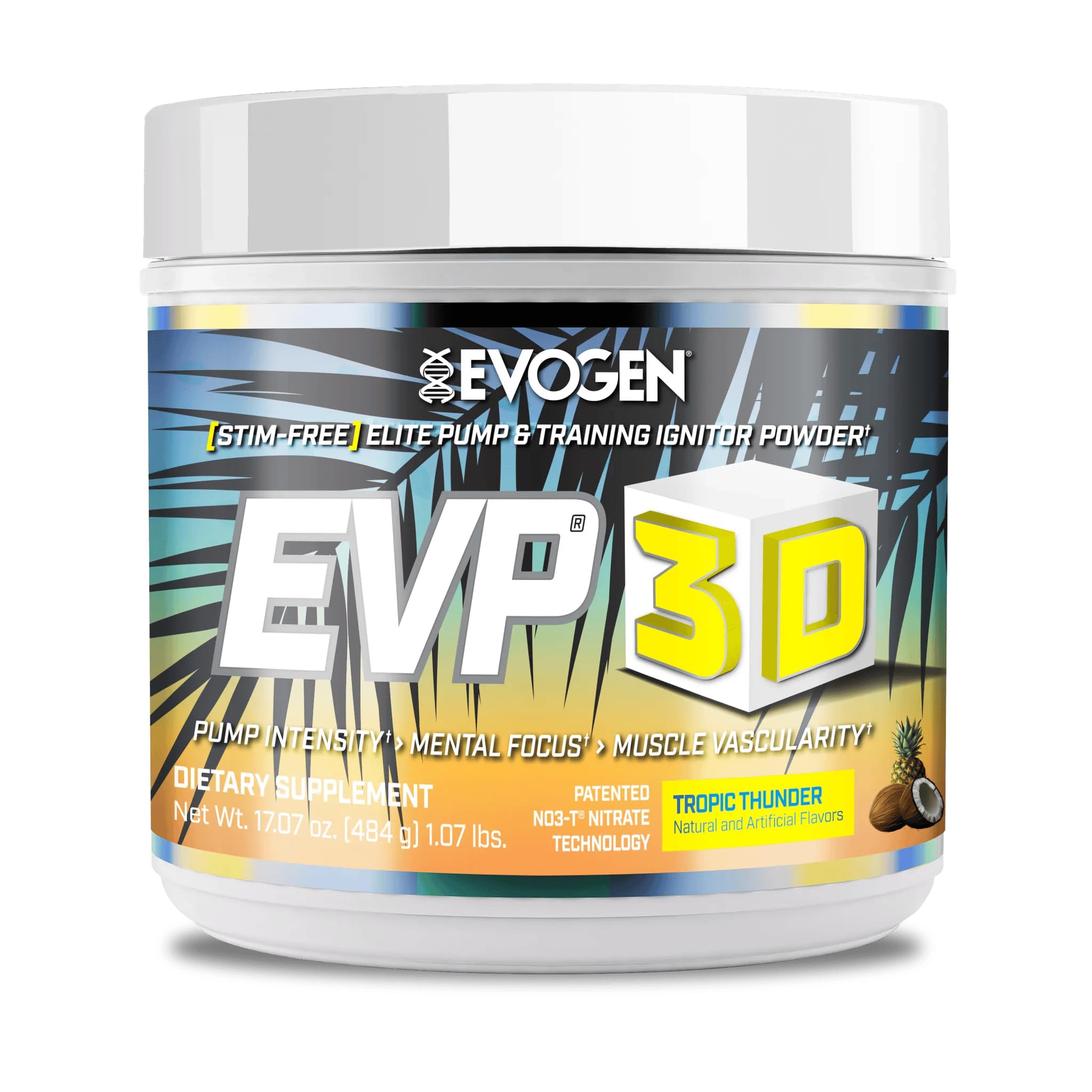 Evogen EVP 3D Tropic Thunder bottle highlighting non-stim, sugar-free pre-workout for focused sessions.