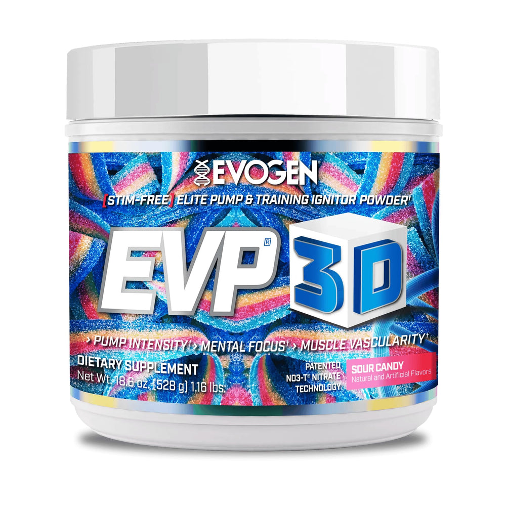Evogen EVP 3D tub front shows a clean, stimulant-free pre-workout option.