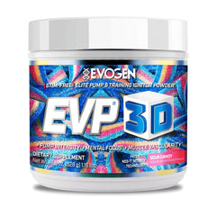 Evogen EVP 3D tub front shows a clean, stimulant-free pre-workout option.