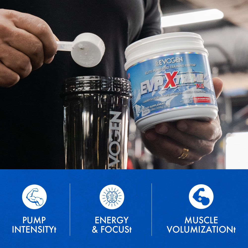 Front view of Evogen EVP Xtreme NO bottle on clean packaging
